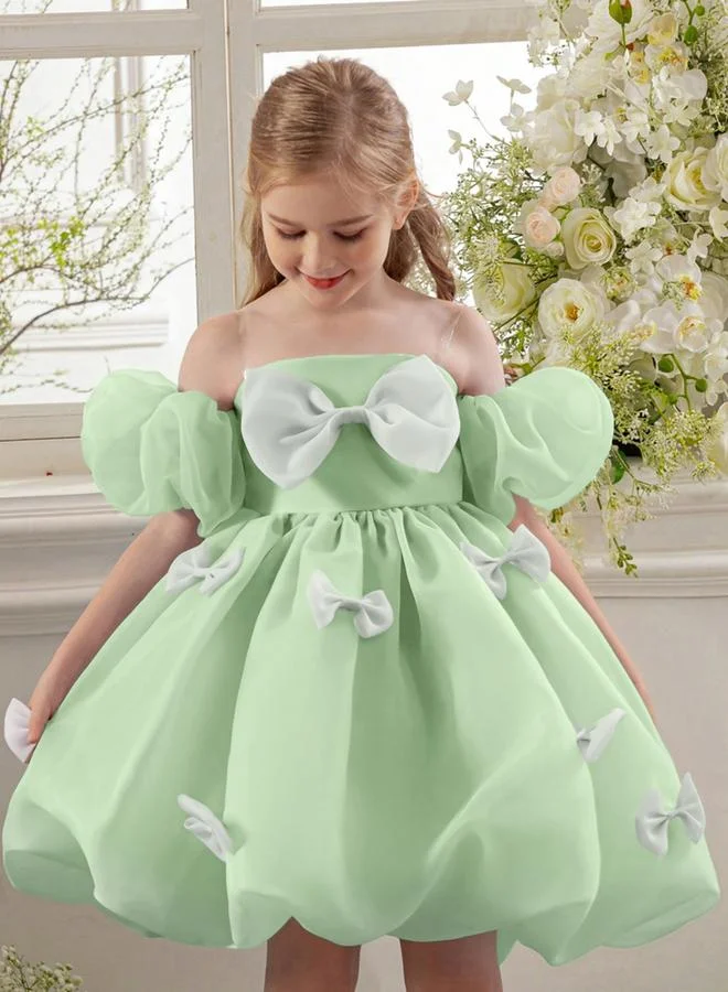 Take Two  Girls Green Puff Sleeve Bow Detail Dress for Women | Best Price UAE